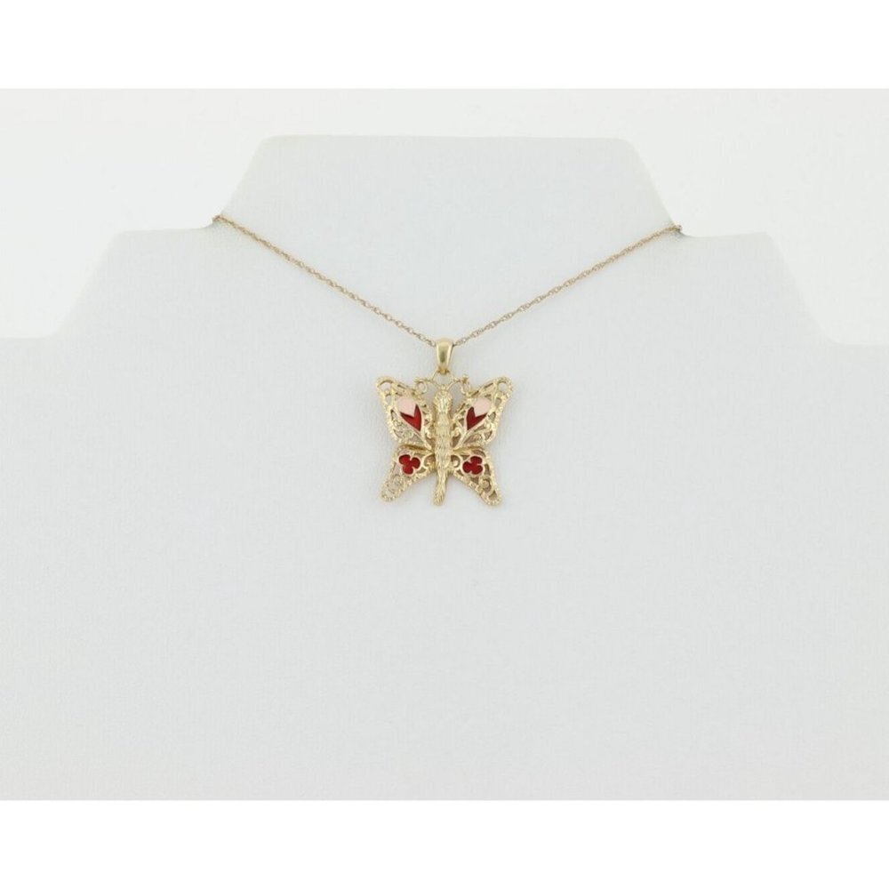 14k Yellow Gold Butterfly Necklace Pink and Red Enamel 18" Chain - Picture 5 of 8